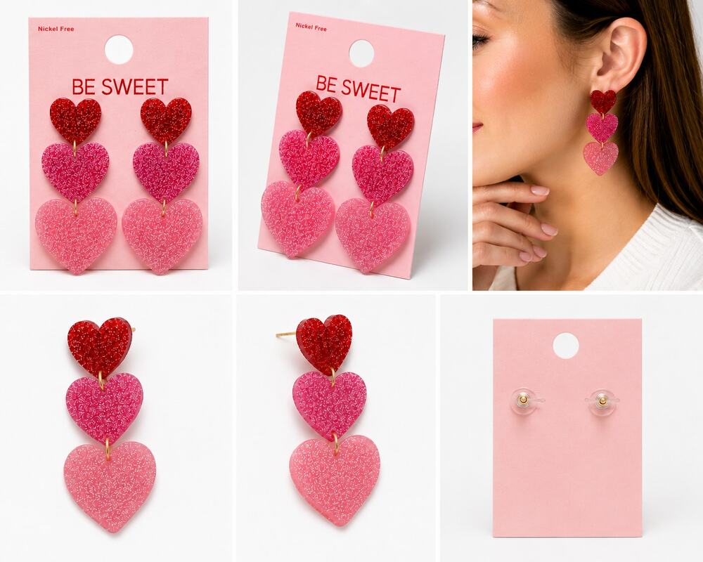 Glitter Triple Heart Dangle Earrings – Pink & Red Statement Earrings